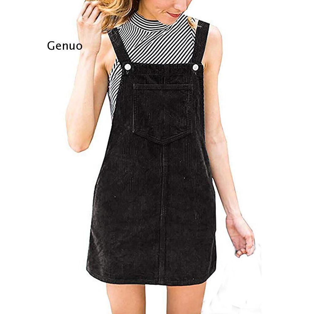 Wanita Korduroi Lurus Tali Ikat Mini Bib Overall Kasual Saku Gaun Tombol Panjang Indah Solid Warna Gaun