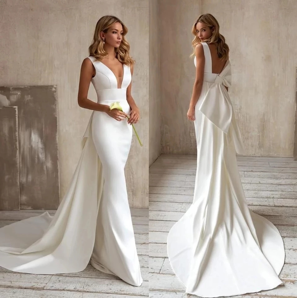 Meerjungfrau-Hochzeitskleid 2025, abnehmbare Schleppe, Schleife, V-Ausschnitt, elegantes, schlichtes Brautkleid, ärmellos, Vestidos de Novia, individuell gestaltet