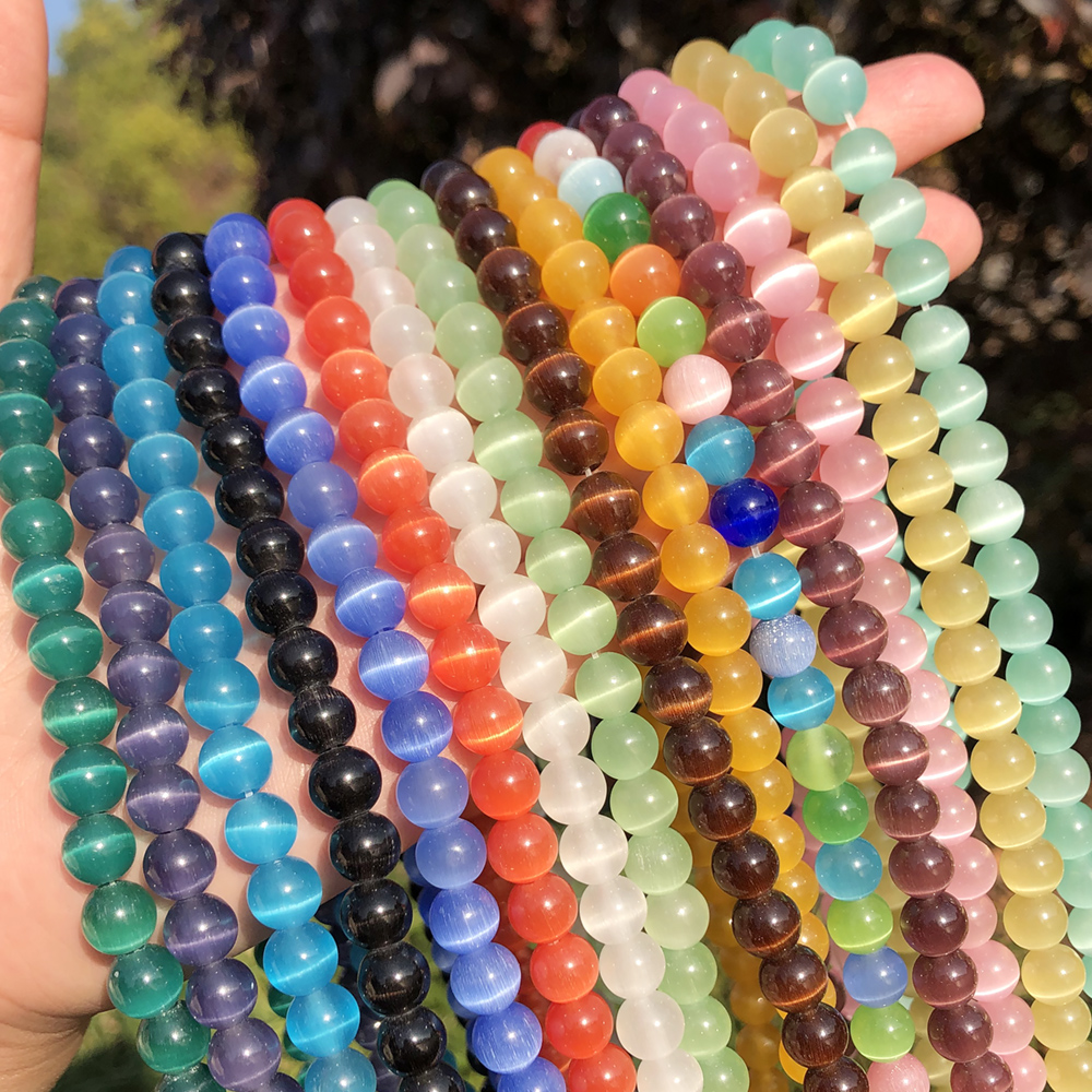 Venta al por mayor de cuentas redondas de piedra de ojo de gato blanco y rosa, cadena de piedra lunar de 4-12mm, cuentas de ópalo sueltas DIY para fabricación de joyas, hebra de 15"