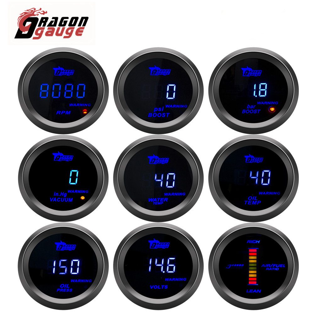 「DRAGON」 52mm Tachometer RPM Voltmeter Vacuum Boost PSI/BAR Air-Fuel Ratio Water Temp Oil Temp Oil Press Digital Car Gauge