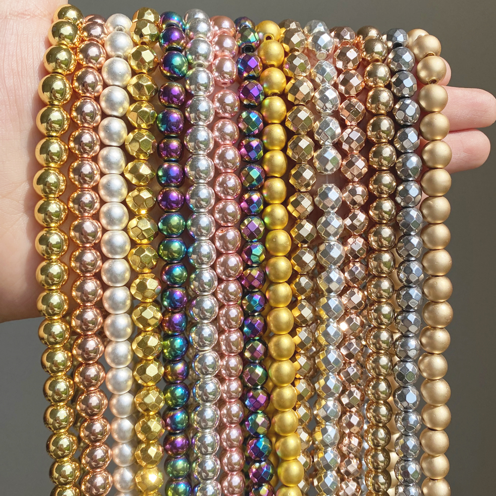 Perles rondes en hématite pour la fabrication de bijoux, pierre naturelle, couleur or argent, accessoires 15 ''2/3/4/6/8/10/12mm