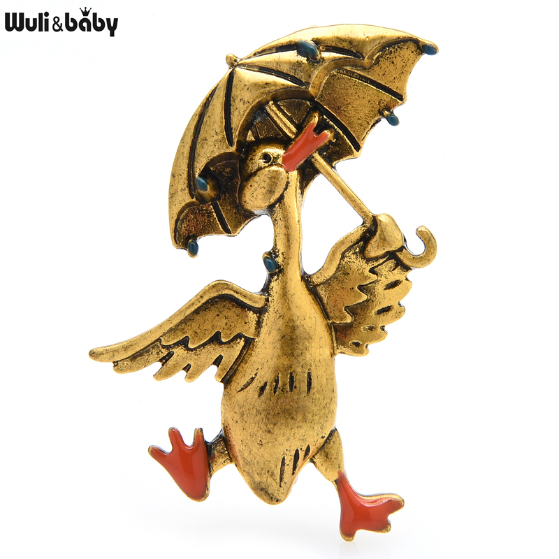 Wuli & baby vintage tomando guarda-chuva broches de pato para mulheres unissex 2 cores feliz andando pato animal festa casual broche presentes