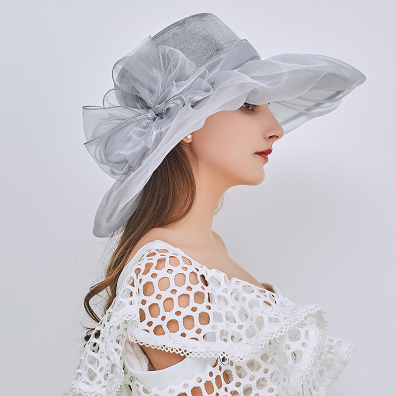 Topi Pernikahan Antik Merah Muda Biru Aksesori Pernikahan Topi Tabir Surya Dapat Dilipat Topi Formal Pinggiran Lebar Besar Elegan