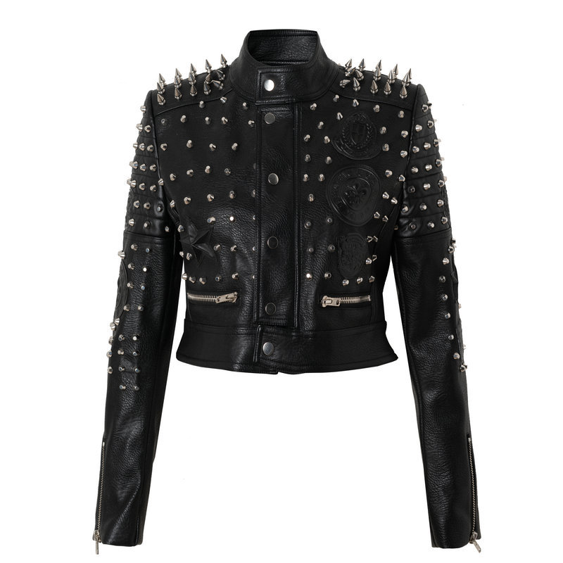 Jaqueta de couro feminina com gola e rebite, curta, fina, locomotiva, manga comprida, rock, estilo punk, garota legal, moda, primavera, nova