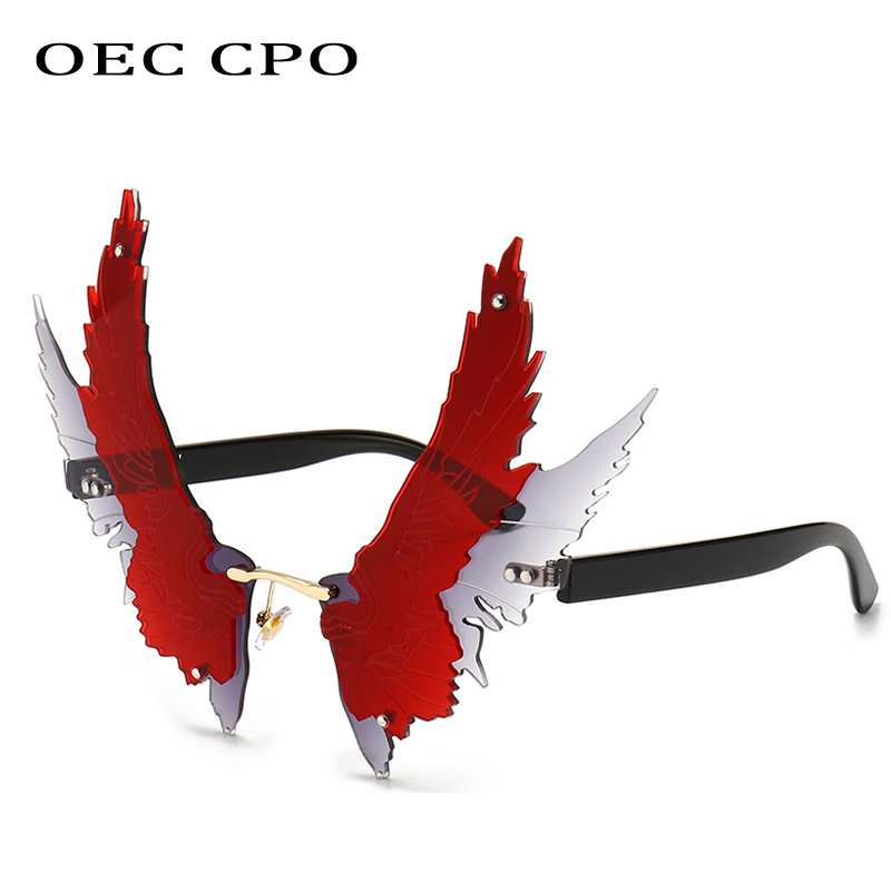 OEC CPO Unique Wing Rimless occhiali da sole donna Fashion Big Frame Steampunk occhiali da sole donna Frameless Colorful Party Glasses Men