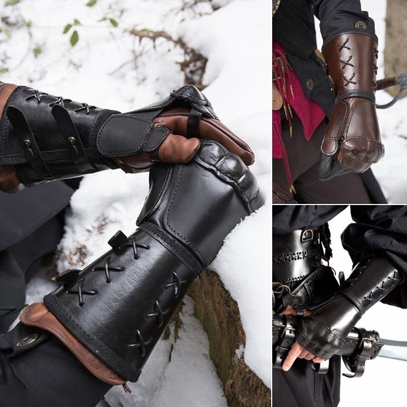 Abad Pertengahan Armor Motor Sarung Tangan Lebar Manset Bracers Pria Steampunk Prajurit Tantangan Renaissance Knights Templar Kulit Renda-Up