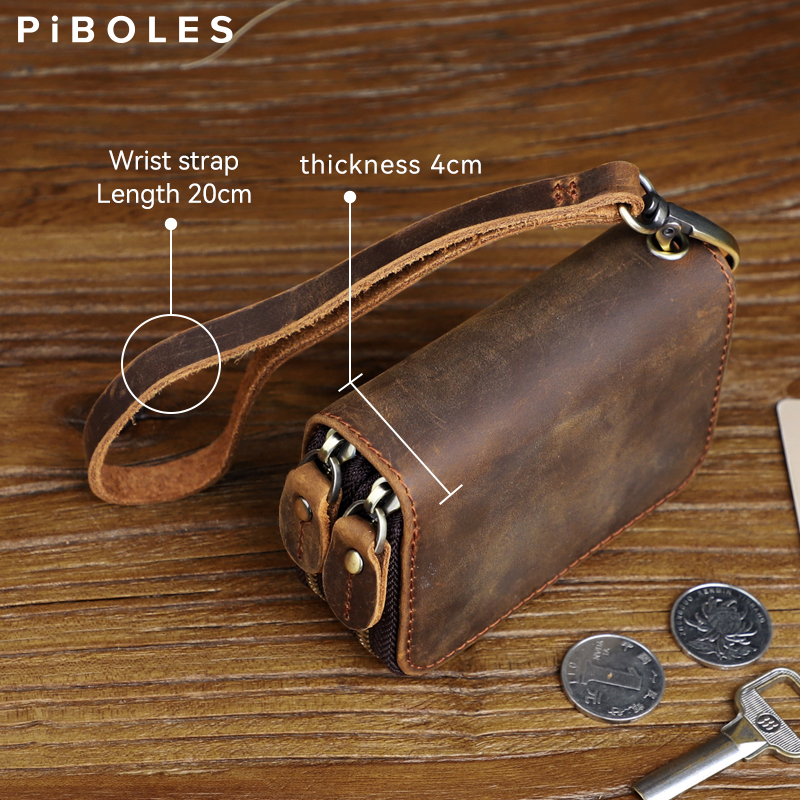 Echtem Leder Schlüssel Brieftasche Für Männer Retro Auto Smart Key Fall Doppel-reißverschluss Haushälterin Schlüssel Münze Pouch Organizer Handtasche Frauen