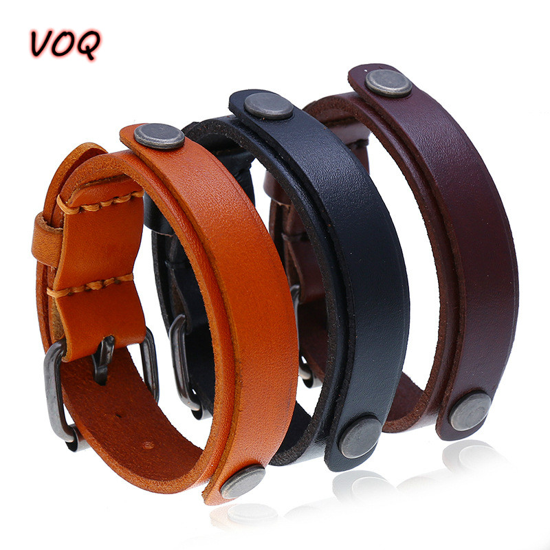VOQ-Bracelet rond en cuir véritable à double couche pour hommes, bracelets de manchette réglables, bijoux vintage punk, mode