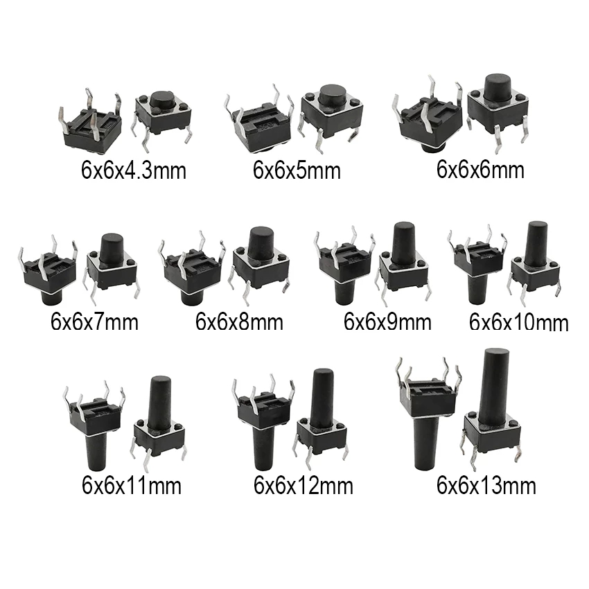Commutateur SMD à réinitialisation automatique DIP 4 broches, panneau PCB momentané 6x6x4.3/5/6/7/8/9/10/11/12/13MM 6x6mm, 50 pièces mini bouton-poussoir Tactile