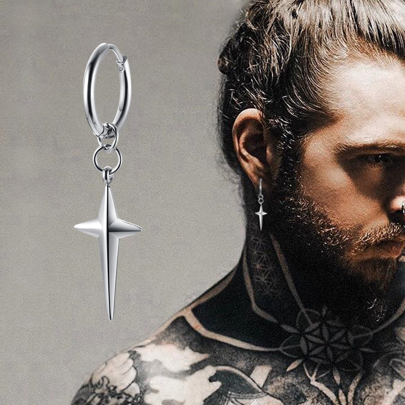 Pendientes de aro Huggie de estrella del norte de cuatro puntas de acero inoxidable para hombres, Piercing o sin Piercing, joyería cruzada, regalo para ella