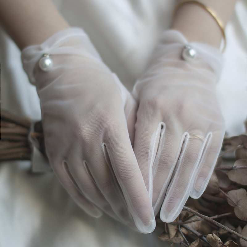 Guantes de novia, guantes de boda, guantes de gasa blanca para mujer, guantes finos de encaje para mujer, guantes con dedos, guantes de boda con perlas, accesorios