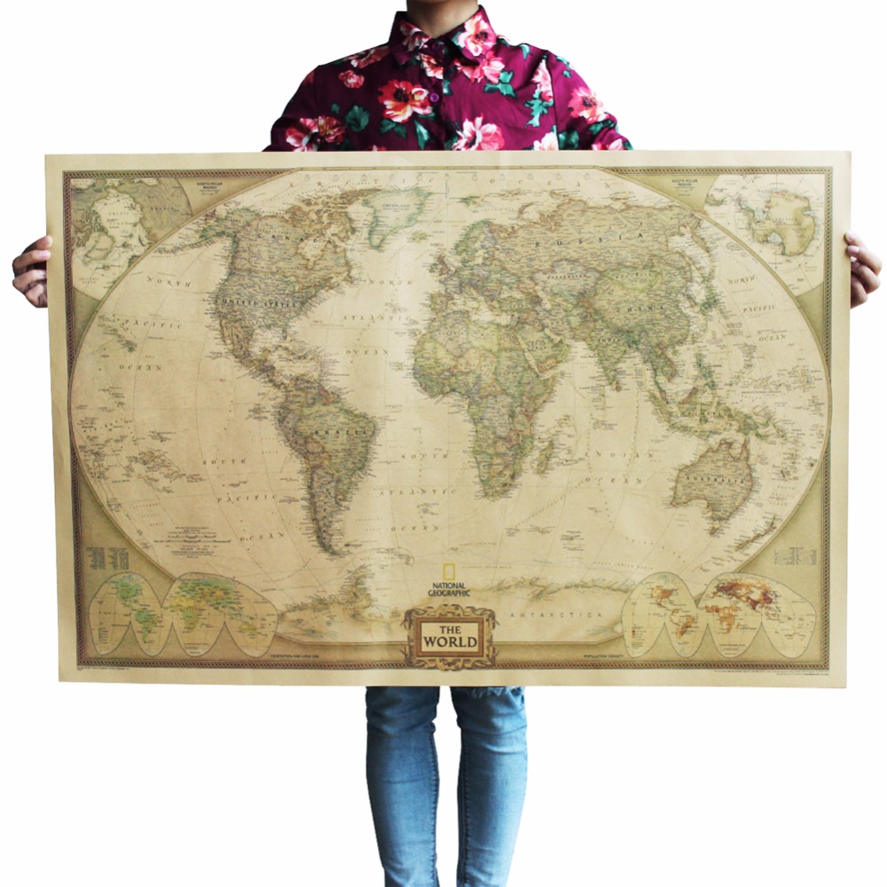 1 Pc of Classic Retro Kraft-Paper The-World Map for School and Office