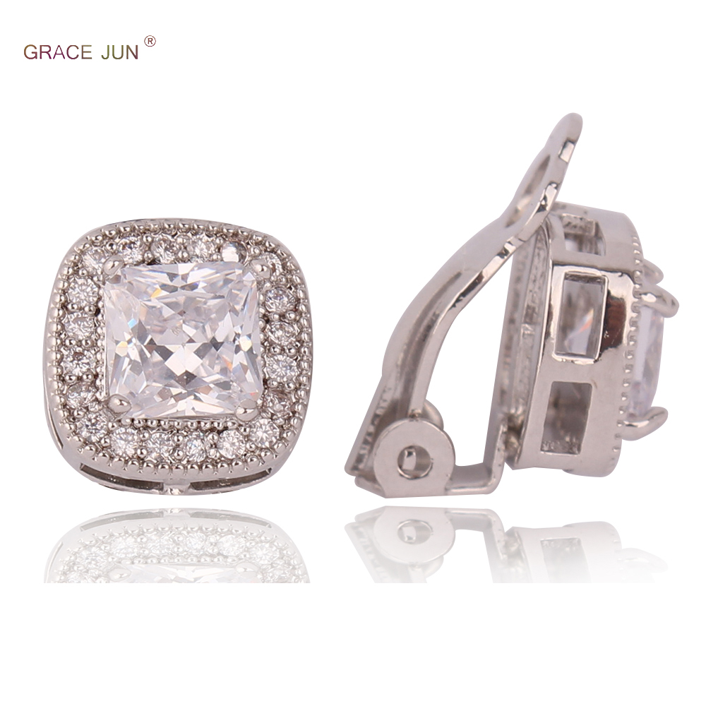 GRACE JUN nuevos pendientes cuadrados geométricos con Clip para mujer, fiesta, boda, dama de honor de lujo, Material de circón cúbico, pendientes sin agujeros
