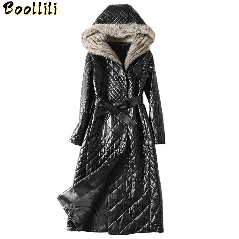 Boollili-Chaqueta de piel auténtica para mujer, abrigo de piel de oveja con Cuello de piel de visón, Abrigo con capucha para invierno, novedad de 2023