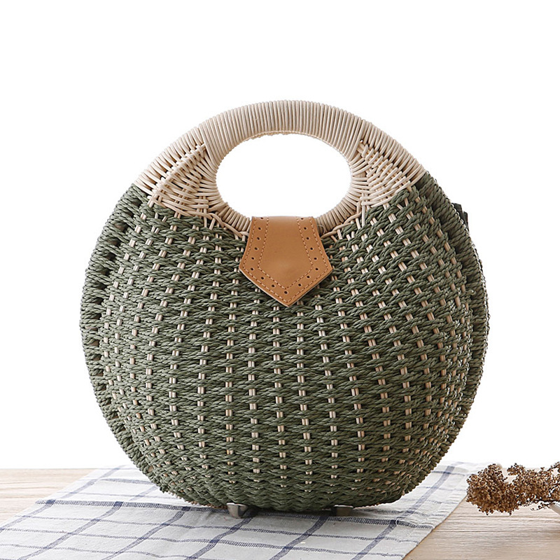 Sac à main en rotin naturel pour femmes, tissé à la main, coquille ronde, poignée supérieure, mode d'été bohème, fourre-tout décontracté, pochette de plage