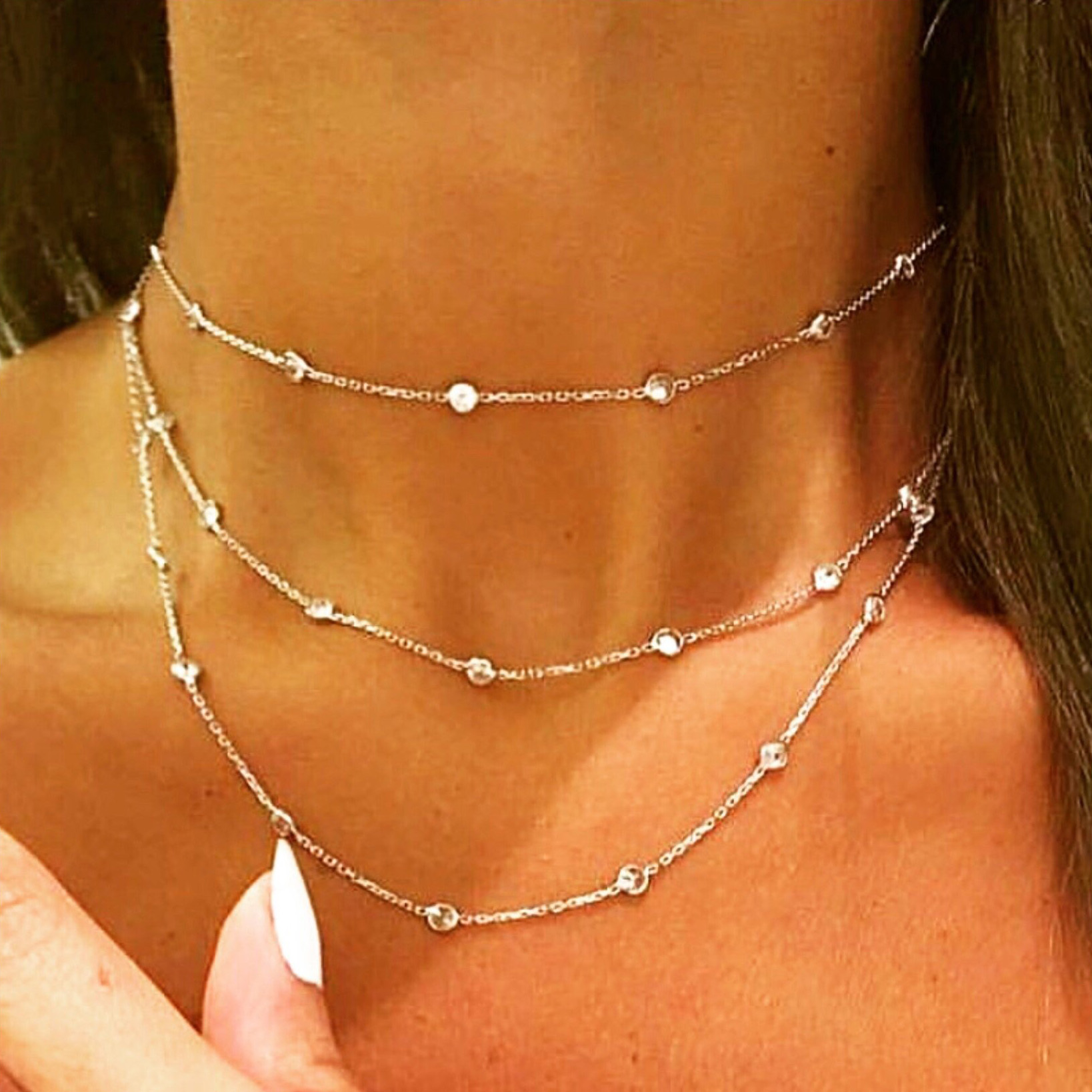 Set di castoni da 3 mm Collana a catena con stazione CZ geometrica a punto rotondo 100% 925 Stelring in argento 46 cm 85 cm 102 cm Catene multistrato