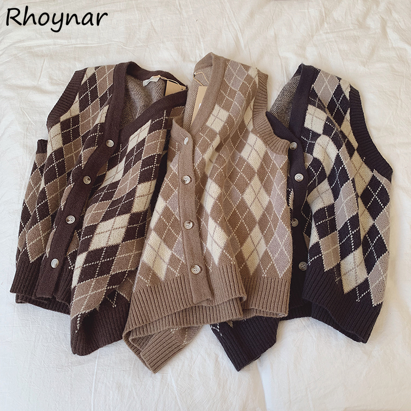 Argyle Sweter Kamizelka Kobiety Vintage Styl Preppy Student Koreański Stylowy Dzianina Prosta Moda Rekreacyjna Klasyczna Tender Chic Kobieta