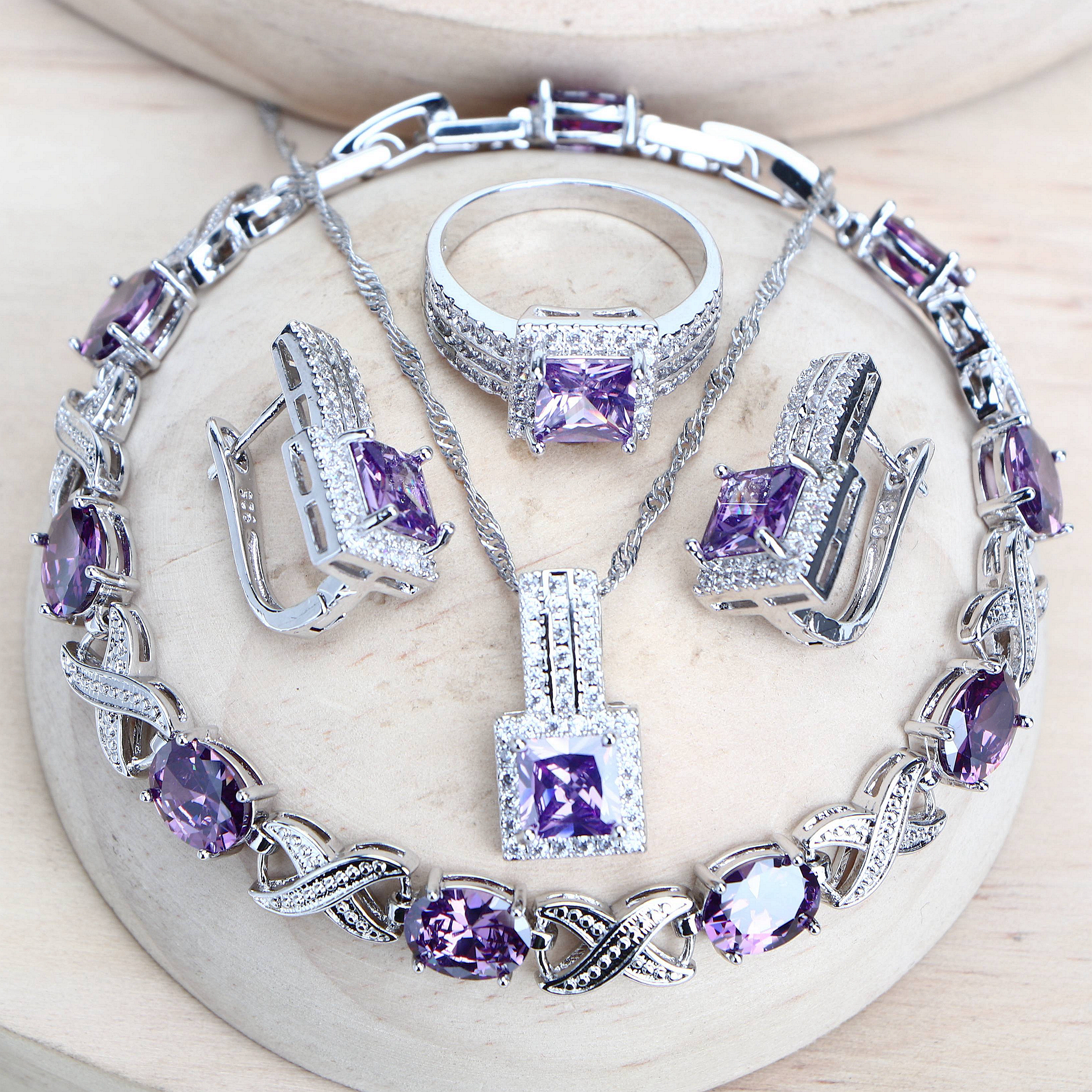 Set di gioielli da sposa da donna con zirconi viola, argento 925, bigiotteria fine, orecchini da sposa, anelli, bracciali, collana con ciondolo