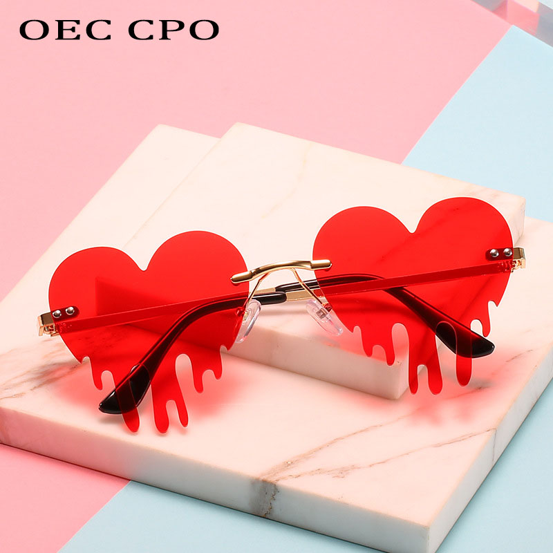 OEC CPO Occhiali da sole senza montatura a cuore unici Donna New Fashion Occhiali da sole a forma di lacrima rosso blu Occhiali da sole Steampunk vintage femminili UV400