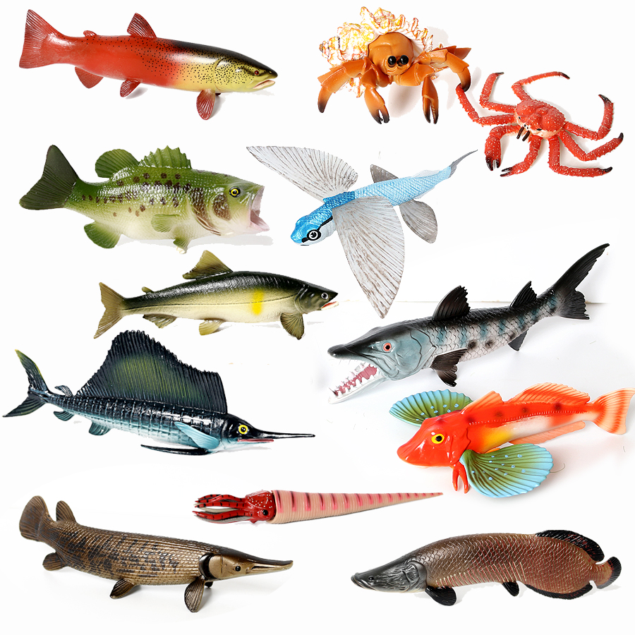 Modellini di Animali Marini Simulati: Alligatore, Arowana Argentata, Pesce Vela, Trota, Granchio Reale, per Collezione e Giocattolo Educativo