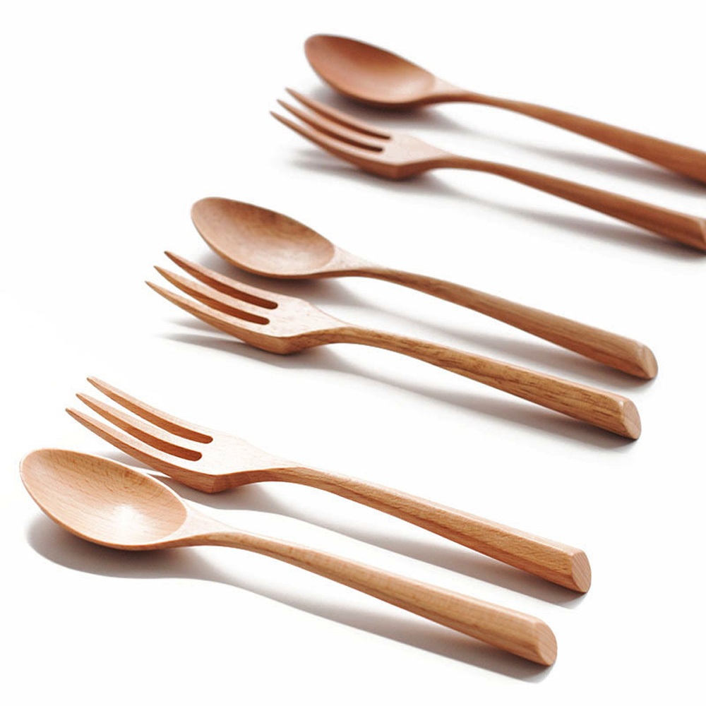 Juego de cubiertos de madera portátil con mango grueso, vajilla de viaje, herramienta de cocina ambiental, diseño creativo