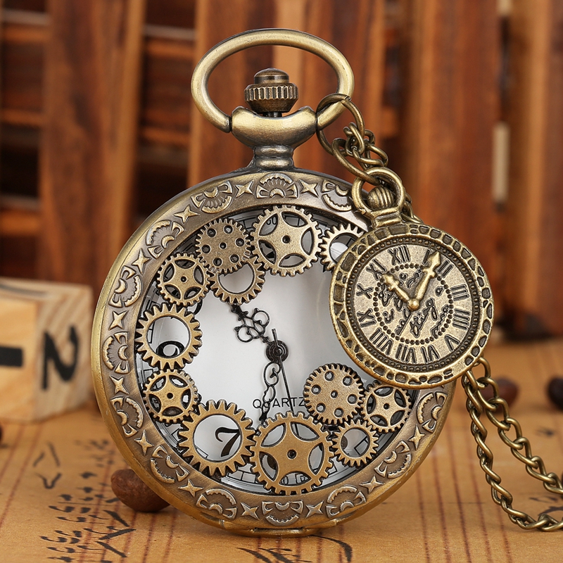 Reloj de bolsillo de cuarzo con engranaje hueco de bronce Steampunk de cobre antiguo Vintage, collar, colgante, cadena de reloj para hombres y mujeres con accesorio