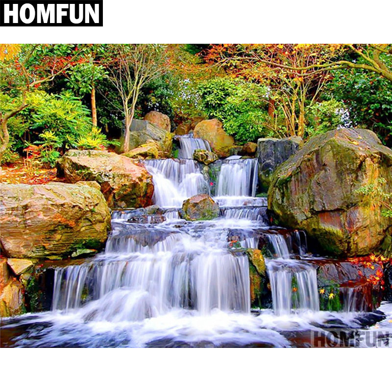 HOMFUN-pintura de diamante redondo/cuadrado completa, cuadro artesanal 5D, "paisaje cascada", bordado 3D, punto de cruz, decoración 5D, regalo A00536