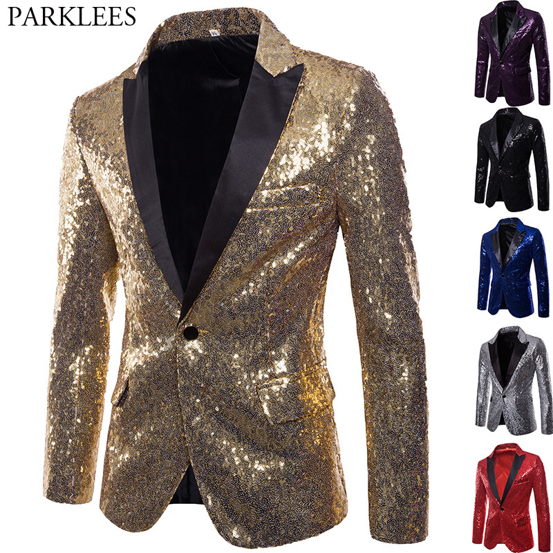 Chaqueta con adornos de lentejuelas doradas brillantes para hombre, traje de fiesta para club nocturno, Blazer, traje para hombre, ropa de escenario para cantantes