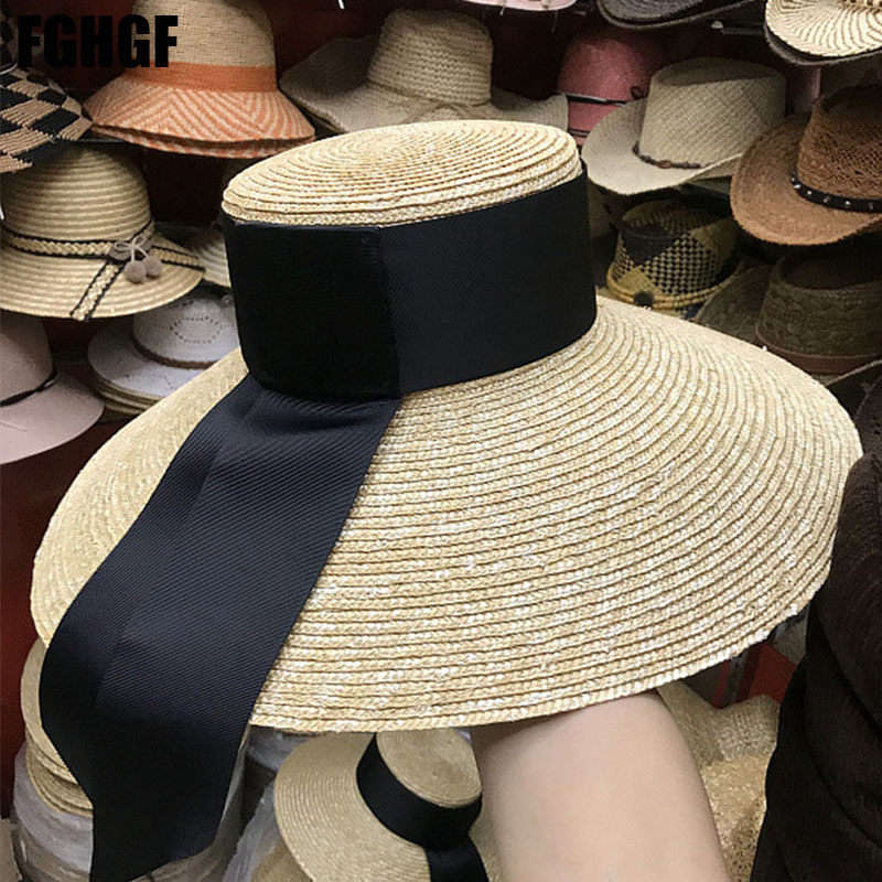 Chapéus de sol femininos naturais fita preta 12cm 15cm parte superior plana grande aba larga chapéus de palha chapéu de palha chapeu sombrero chapéus de praia