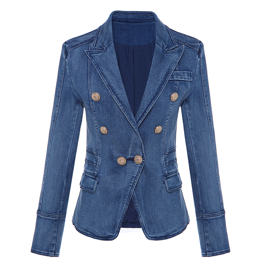 HOHE QUALITÄT Neue Mode 2025, Designer-Blazer für Damen, Metall-Löwenknöpfe, zweireihiger Denim-Blazer, Jacke, Außenmantel