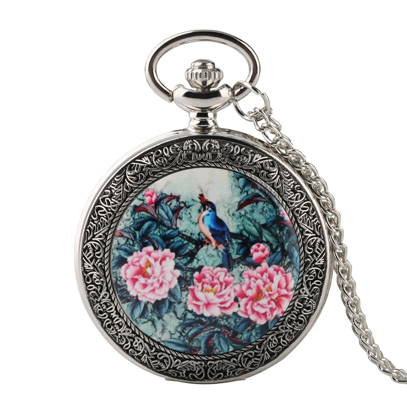 Top Luxus Silber Quarz Taschenuhr Lebendige Vogel Auf Dem Baum mit Exquisite Blumen muster Halskette Anhänger Geschenke Kette Uhr