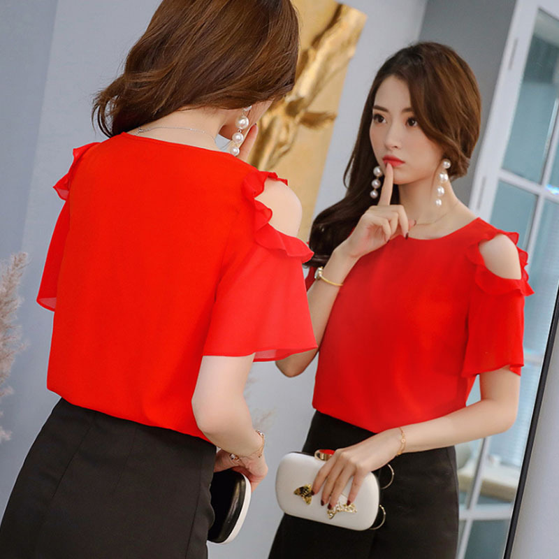 Europeu Americano Camisa Chiffon Mulheres de Grande Porte de Verão Cor Pura Blusas Roupas de Babados Manga Curta Senhora Do Escritório Encabeça H9054
