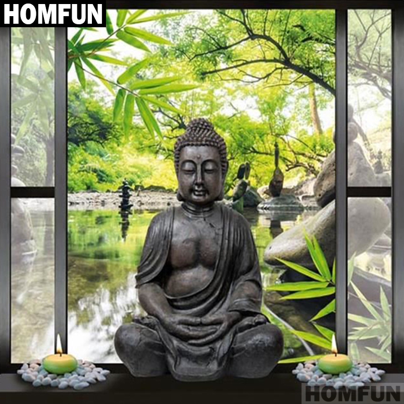 HOMFUN pełna plac/okrągłe wiertło 5D DIY diament malarstwo "okno budda" 3D haft Cross Stitch 5D wystrój domu prezent A01412