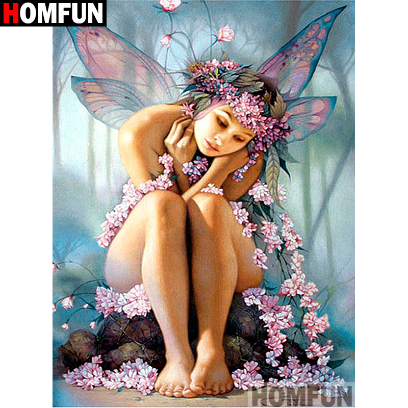 HOMFUN-pintura de diamante redondo/cuadrado completa, cuadro artesanal 5D, bordado 3D de hada mariposa, punto de cruz, decoración para el hogar, A13706