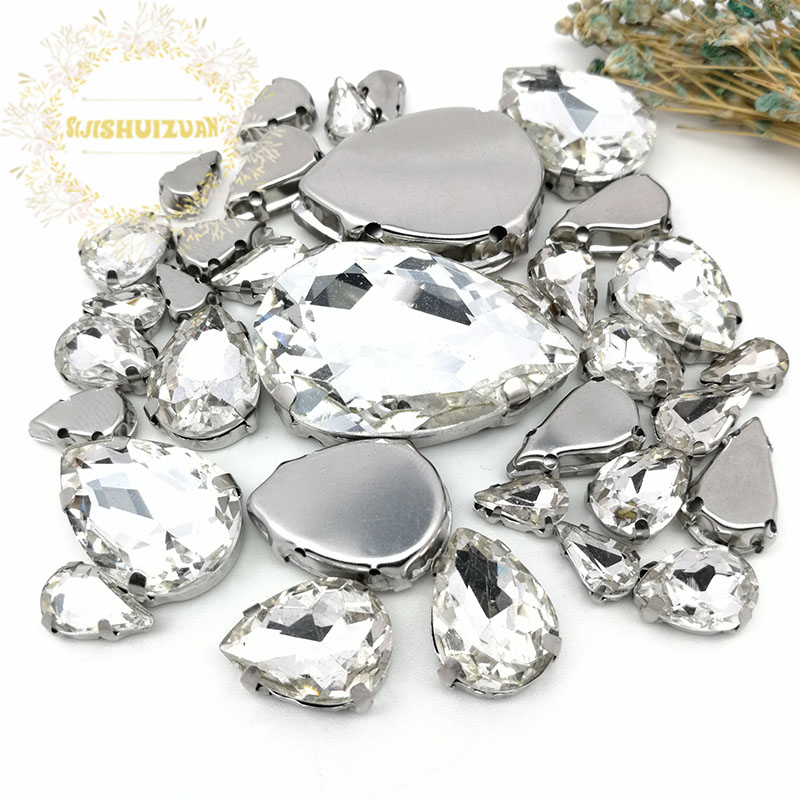 30pcs7-Costura de cristal de gota blanca de tamaño mixto, diamantes de imitación con garra de plata, vestido de novia DIY/accesorios de ropa