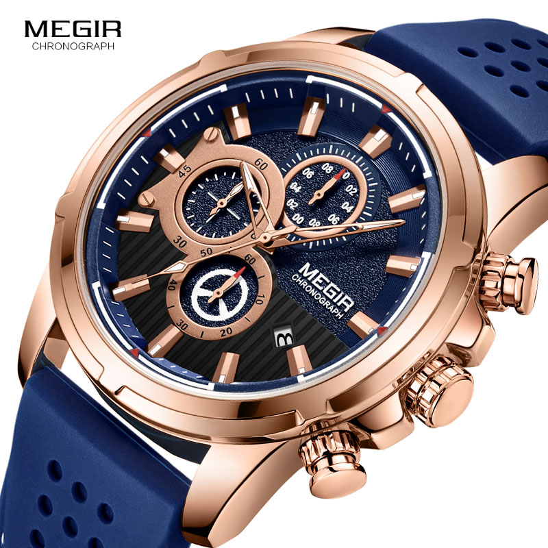 MEGIR montres à Quartz hommes bracelet en Silicone chronographe montre-bracelet homme Relogios Masculinos Top marque horloge de luxe garçon 2101 ROSE bleu