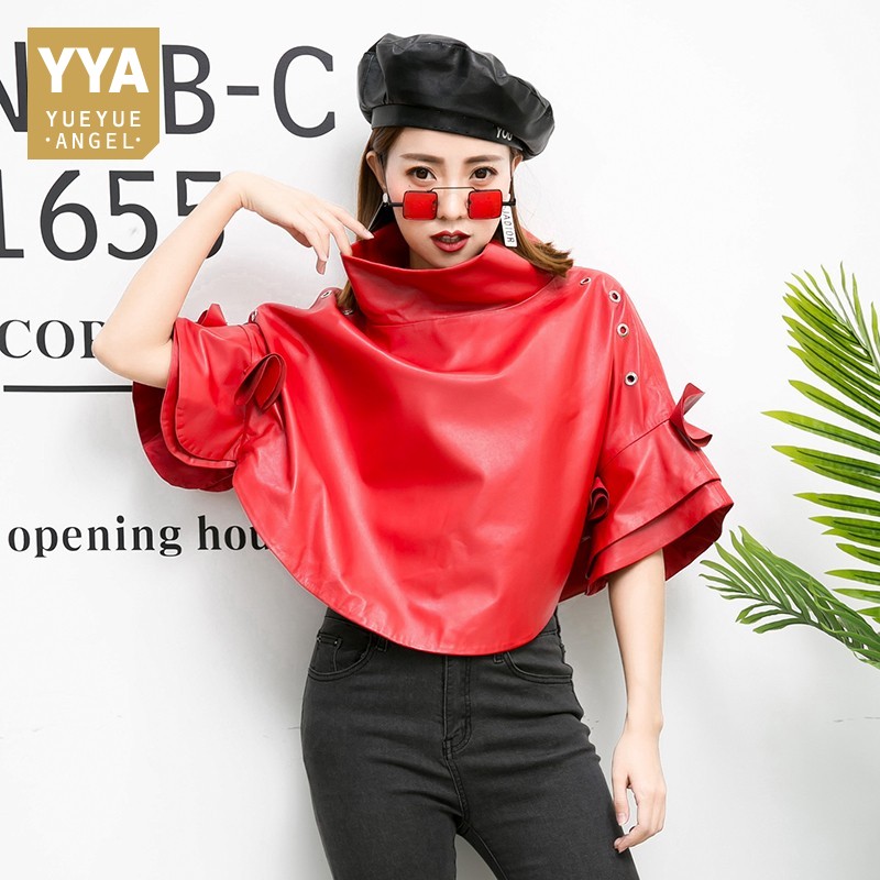 Nueva Chaqueta corta de primavera para mujer, abrigos coreanos de manga de murciélago de cuero genuino, ropa de calle holgada, capa, talla S-4XL
