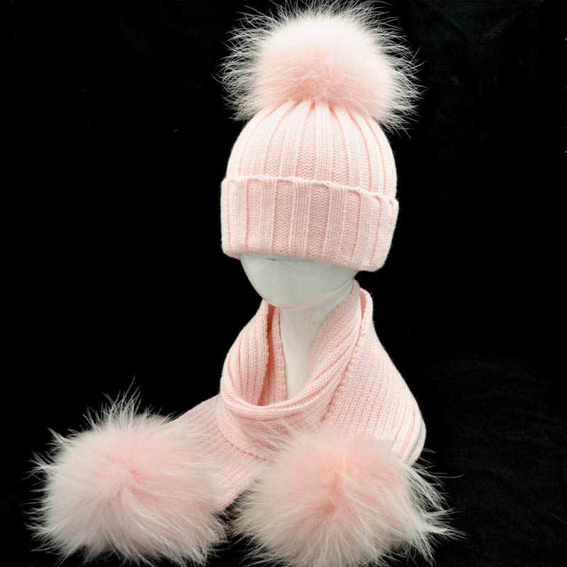Jaxmonoy Baby Hat and Scarf Set Thick Stretchy Knitted Beanie for Boys and Girls Real Raccoon Fur Pom Pom Winter Hats for Kids