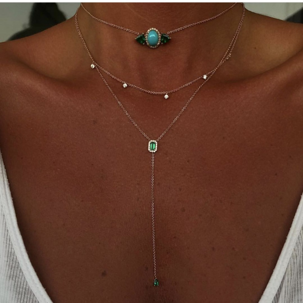 Perhiasan Fashion Wanita Kalung Lariat Rantai Wanita Panjang Memesona Tetesan Air Mata Persegi Geometris Zirconia Kubik Putih Hijau