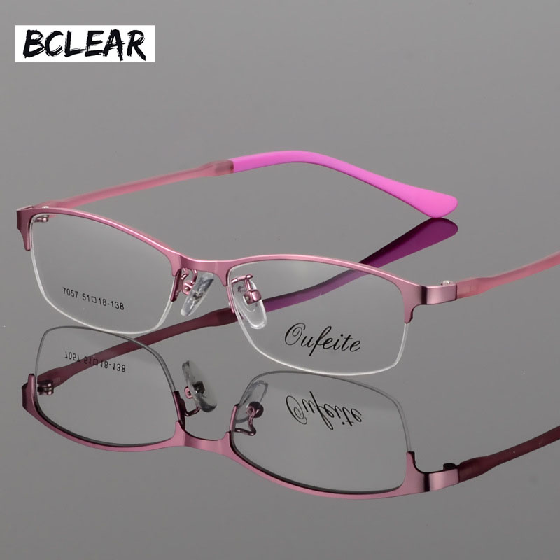 BCLEAR Nieuwe Aankomst Vrouwen Metalen Legering Brilmontuur ultralichte Frames Half Velg Optische Lenzenvloeistof Frame Kleurrijke Brillen TR benen