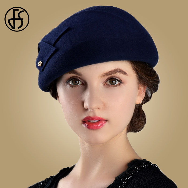 FS bérets français casquettes pour femmes mode 100% laine feutre Fedora chapeau hiver bleu violet rouge église femme Vintage Cloche chapeaux
