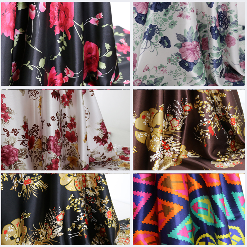 Tela de Satén con Estampado de Flores de 1 Metro x 1.48 Metros, Tela Charmeuse de Poliéster Suave, Estilo Vintage