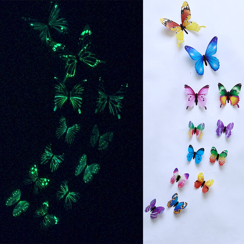 12 unids/set de pegatinas de pared de mariposas luminosas, mariposas para sala de estar, decoración para fiesta de boda, hogar, calcomanías 3D para nevera, papel tapiz