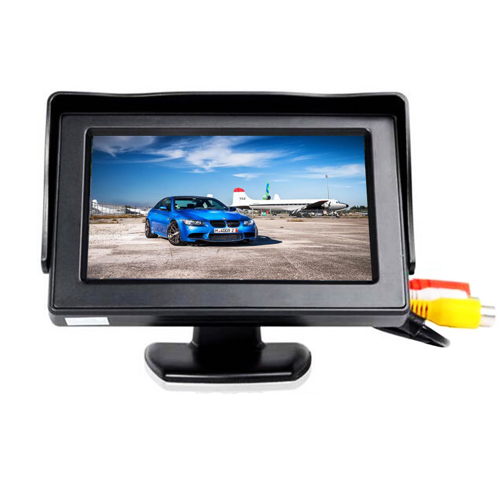 Monitor de coche con pantalla LCD TFT de 4,3 pulgadas, entrada de vídeo de 2 vías para cámara de visión trasera, DVD, asistencia de estacionamiento, pantalla en el tablero