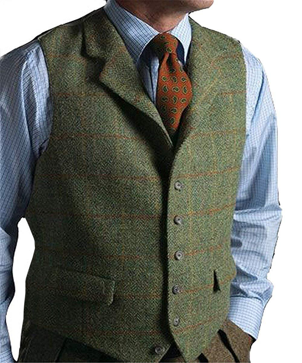 Herrenweste, grüne Weste, Tweed-Wollweste, schmale Passform, Revers, karierte Anzugweste, Fischgrätenmuster-Tweed-Smokingweste 2019, für Hochzeit, individuell