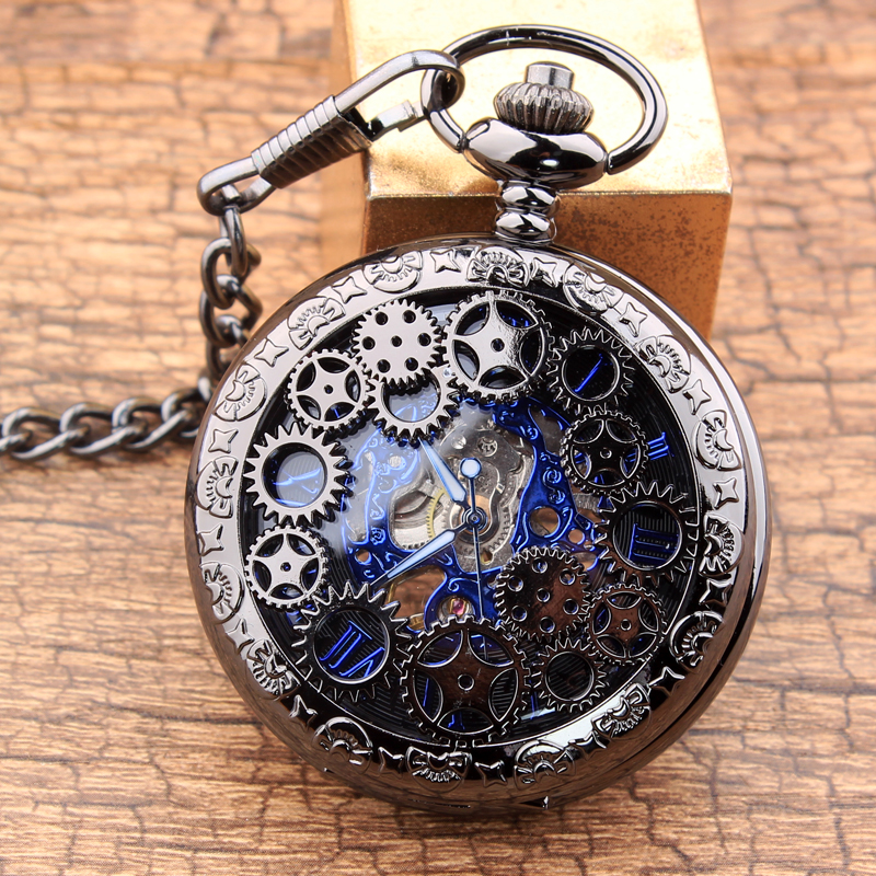 Vintage Steampunk Gears Hollow brązowy mechaniczny zegarek kieszonkowy łańcuszek na breloczku ręcznie nakręcany szkielet naszyjnik zegar mężczyźni kobiety prezenty