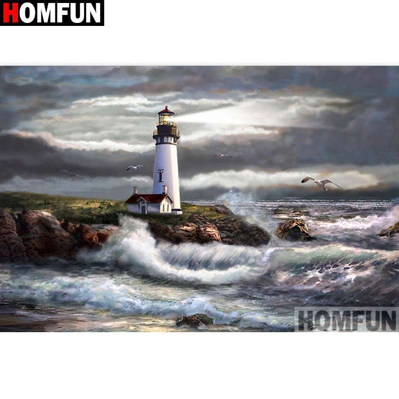 HOMFUN-pintura de diamante redondo/cuadrado completa, cuadro artesanal 5D "luz de mar", bordado de diamantes 3D, punto de cruz, decoración del hogar A19050