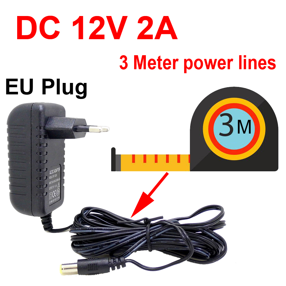 JIENUO 3-metrowa wtyczka EU Zasilacz AC/DC Ładowarka 3m Kabel do kamery CCTV CCD 100-240V DC 12V 2A (2,1mm * 5,5mm)