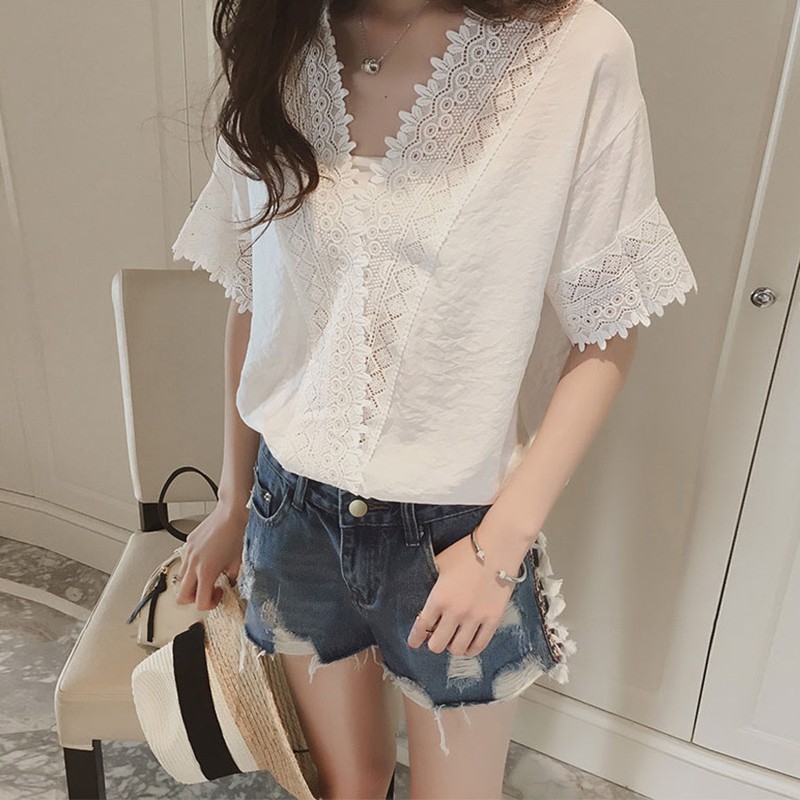 Mode V-ausschnitt Blusas Sommer Sexy Frauen Blusen kurzarm Spitze Aushöhlen Shirts Weiß Rosa Casual OL Tops Bluse