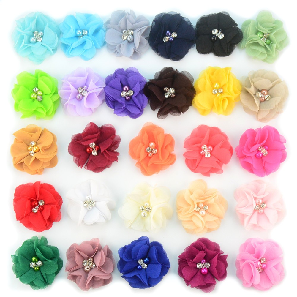 Flores festoneadas de gasa, 2 pulgadas, con diamantes y perlas, 60 unids/lote